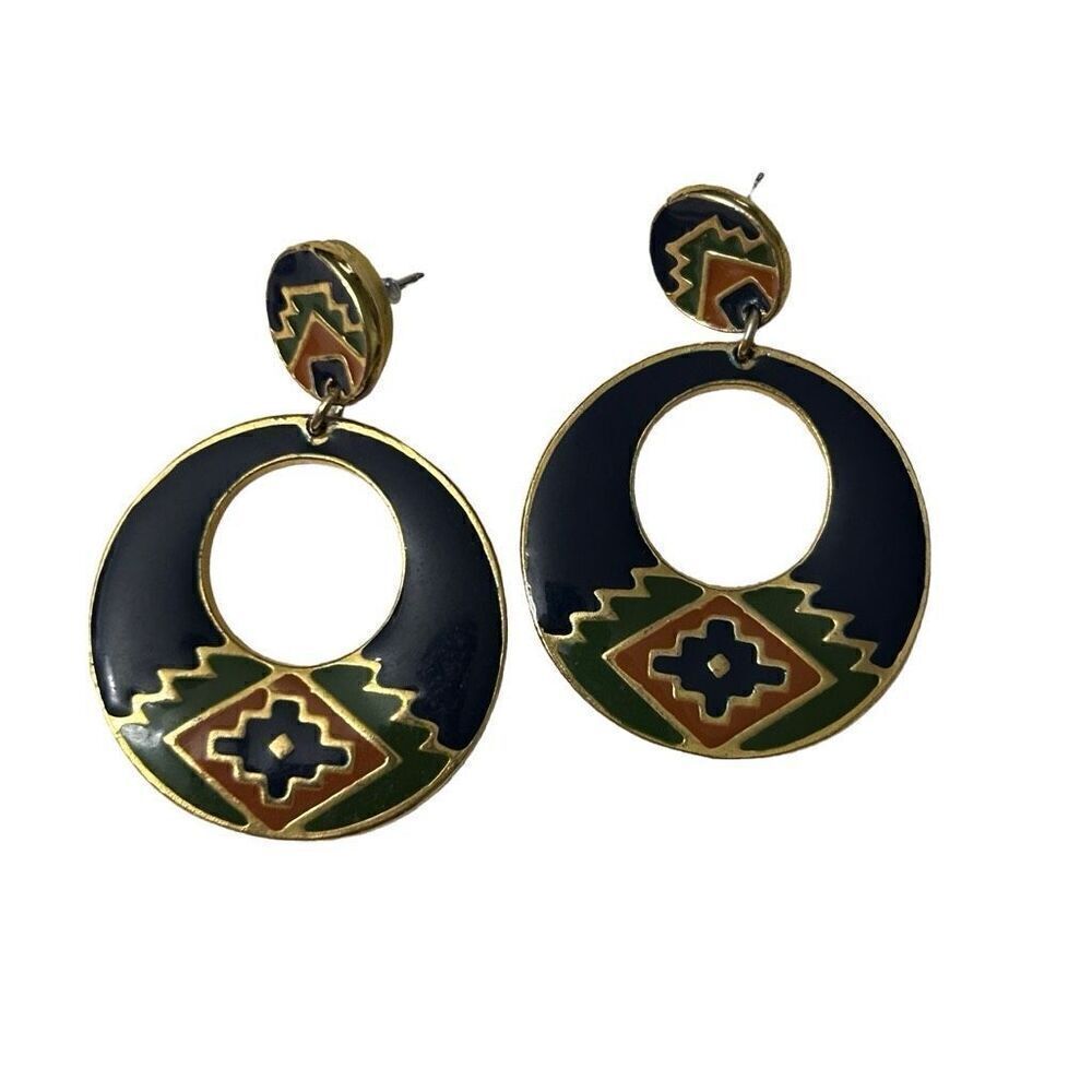 Vtg 90s Drop Earrings Blue Gold Aztec Southwest Cloisonne Enamel Round Pierced - Picture 1 of 6